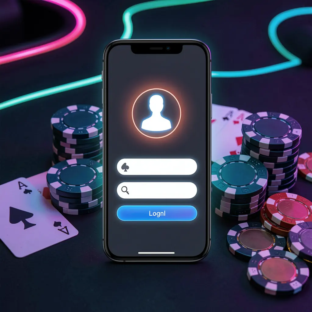Ponsel pintar yang menampilkan layar login aplikasi kasino 9999SL dengan ikon profil pengguna bercahaya, dikelilingi oleh chip poker, kartu remi, dan koin pada latar belakang gelap elegan dengan sorotan neon