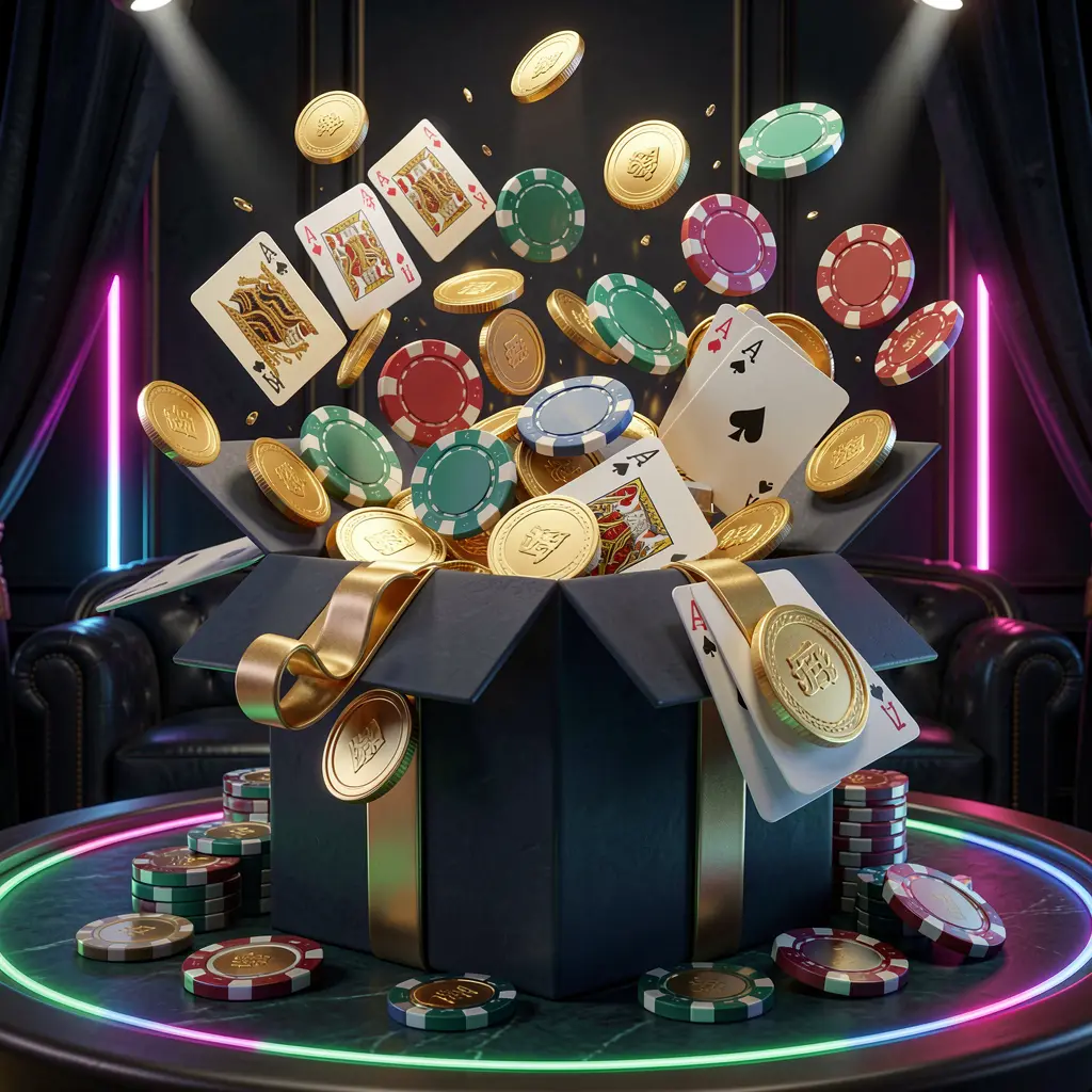 Kotak hadiah bonus yang meledak dengan koin emas, chip poker, dan kartu remi pada latar belakang mewah gelap dengan aksen neon bercahaya, menampilkan bonus kasino online 9999SL