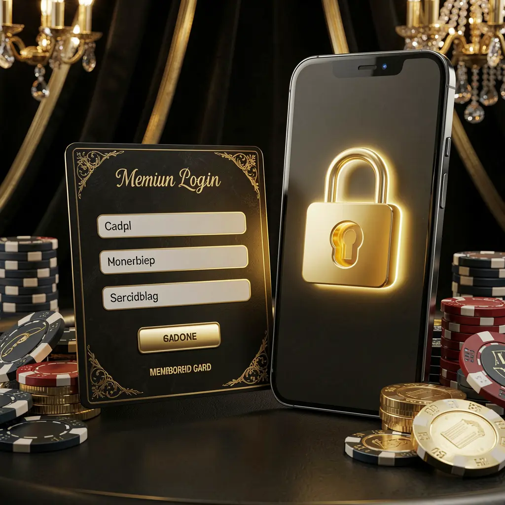 Konsep login anggota kasino 9999SL yang menampilkan kartu keanggotaan premium di samping ponsel pintar dengan simbol gembok bercahaya, dikelilingi oleh chip poker dan koin pada latar belakang mewah hitam dan emas