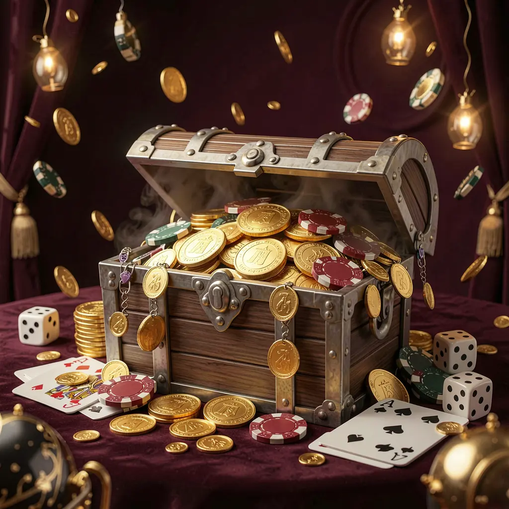 Banner sambutan kasino online 9999SL yang menampilkan peti harta karun berisi koin emas dan chip kasino, dikelilingi oleh kartu remi dan dadu dengan latar belakang mewah gelap serta suasana premium yang meriah